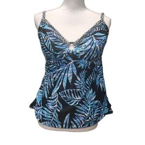 Tankini Swim Suit Top Women's St. John's Bay Black, Blue Leaves Stretchy Szs 20W